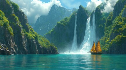 Serene Sailboat Voyage: Majestic Waterfalls and Lush Cliffs