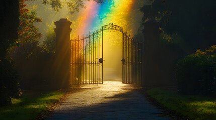 Heavenly gates illuminated by a golden celestial glow under a rainbow arc.