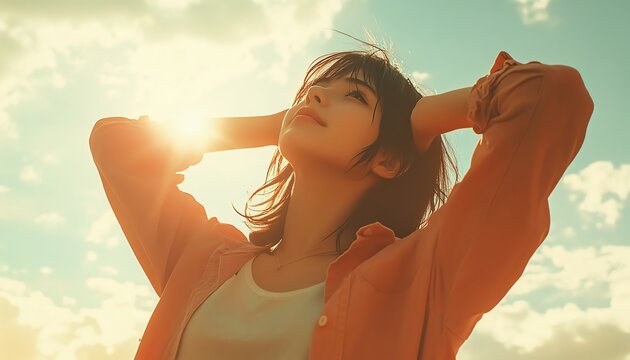 Girl in casual outfit against a bright sky, looking upwards, hands in hair, wide angle, serene and freespirited vibe, soft lighting