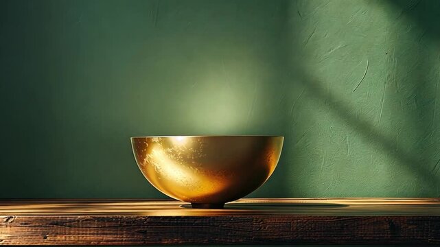 A golden bowl sits on a rustic wooden table, illuminated by gentle evening light. The green wall in the background enhances the serene ambiance, perfect for a tranquil setting.