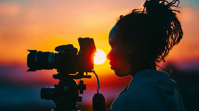 An African-American female photographer captures a sunset, symbolizing creativity and summer solstice inspiration