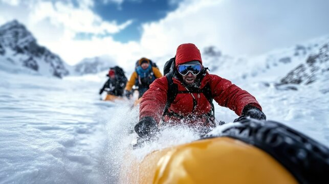 Adventurous climbers slide down a snowy slope, showcasing fearless spirit and coordination against the backdrop of an expansive alpine landscape.