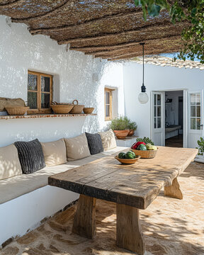 Natural outdoor dining area with rustic table and cozy seating under shaded canopy