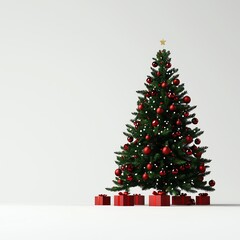 A beautifully decorated Christmas tree with red ornaments and gifts, perfect for holiday celebrations.