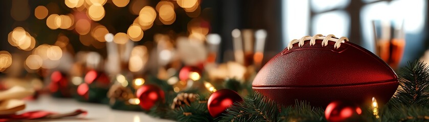 A close-up of a football amidst festive decorations, creating a warm holiday atmosphere.