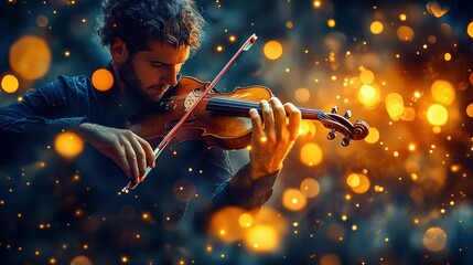 Fototapeta premium Musician Playing Violin with Warm Bokeh Background