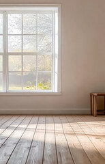 Fototapeta premium Bright and airy interior with large window and wooden flooring in a serene space