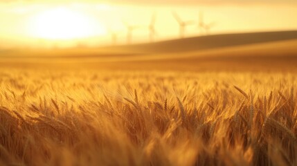 Fototapeta premium Wind turbines in wheat field at sunrise with farmers in background