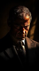 an evil man who is behind all evil things in the earth is standing in the dark but can see his face slightly. 