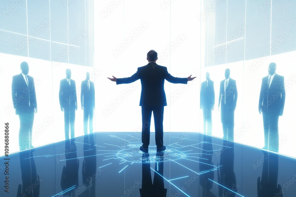 Poster here's a 10-word description of the image: businessman commands holographic