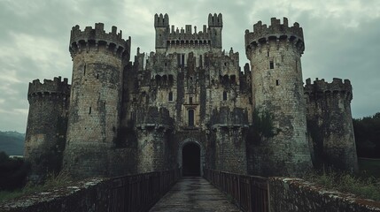 historical castle with tall towers, a drawbridge, and stone walls