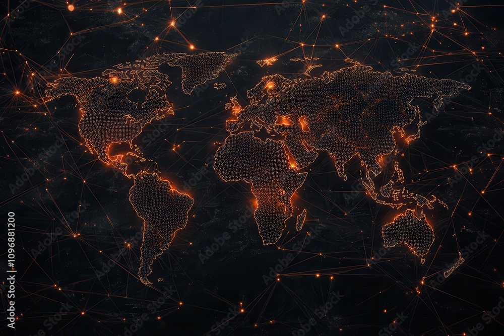 Poster a dark, illuminated world map showcasing glowing network connections, symbolizing global connectivit