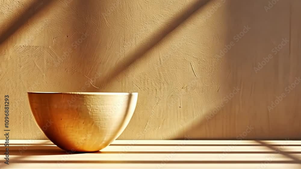 Aufkleber a simple wooden bowl sits on a shelf, illuminated by warm sunlight that creates beautiful shadows ag