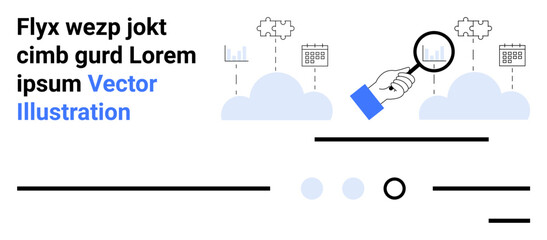 Magnifying glass focuses on data charts and calendar icons set against clouds. Ideal for productivity, data analysis, cloud computing, time management, scheduling, technology, business. Landing page