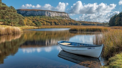 Obraz premium Serene Lakeside Boat with Mountain Reflection