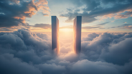 Majestic gates of heaven standing tall amidst swirling luminous clouds.