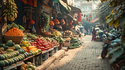 Fototapeta premium Vibrant Asian market street scene with colorful fruits and vegetables displayed on stalls.