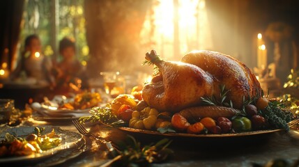 Thanksgiving table with turkey and sunlight in soft bokeh background