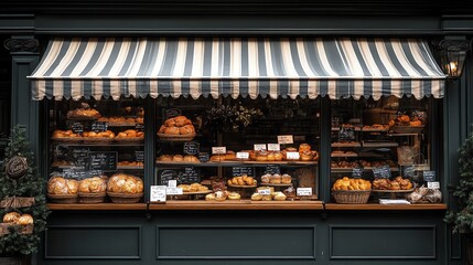 local bakery with a striped awning and pastries displayed in the window