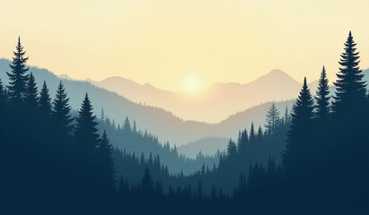 Obraz premium pine trees create serene mountain landscape silhouette morning sky