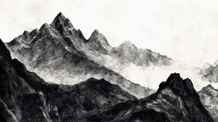 A black and white illustration of a mountain range with fog and mist in the background.