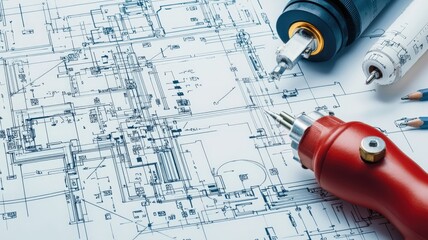 Fire alarm system concept. Detailed blueprint overlay of a fire alarm system, showcasing design elements and technical specifications for commercial and safety applications.