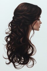 Naklejka premium Long, flowing brunette hair, intricate curls, profile view, minimal isolate white background