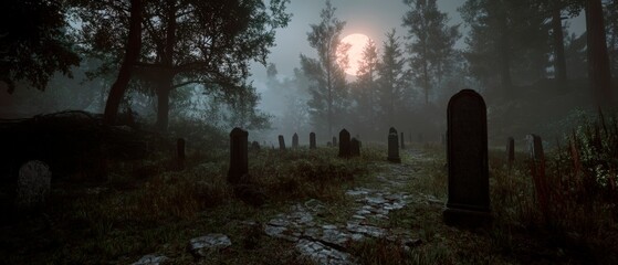 A misty graveyard with ancient tombstones is illuminated by an eerie full moon peeking through dark forest trees. Generative AI