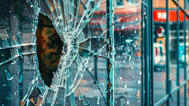 A broken glass window in a city setting, symbolizing urban decay and vandalism
