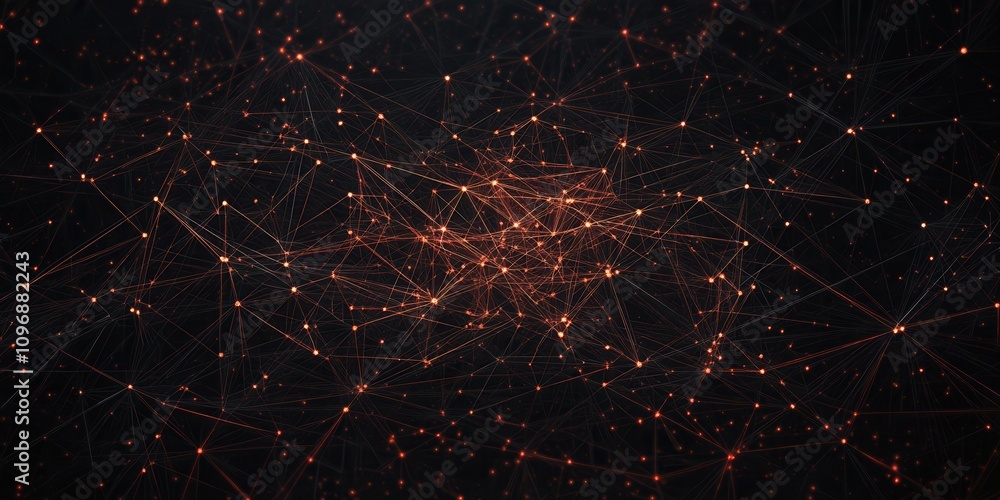 Poster A dark abstract network of interconnected points, resembling a digital web or galaxy, with glowing lines and nodes creating a sense of depth and complexity.