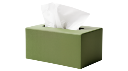 A green tissue box with white tissue paper isolated on transparent white background, clipping path