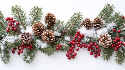 Christmas border with pine snow and red berries on white background
