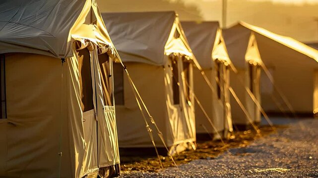 Row of beige tents in warm sunset light, ideal for camping and outdoor adventures
