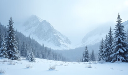 Fototapeta premium snowflakes gently fall icy mountains covered white surrounded frosty evergreen trees silent snowy fields