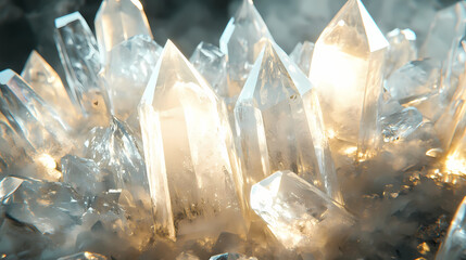 Clear quartz crystals glowing with soft white light. Radiant Jewel Patterns. Illustration
