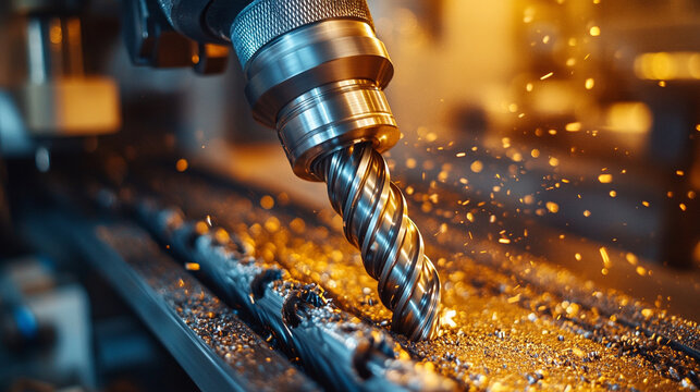 industrial drilling machine with precision metal drill bit creating sparks highlighting the power and strength of machinery symbolizing human ingenuity and advanced manufacturing technology