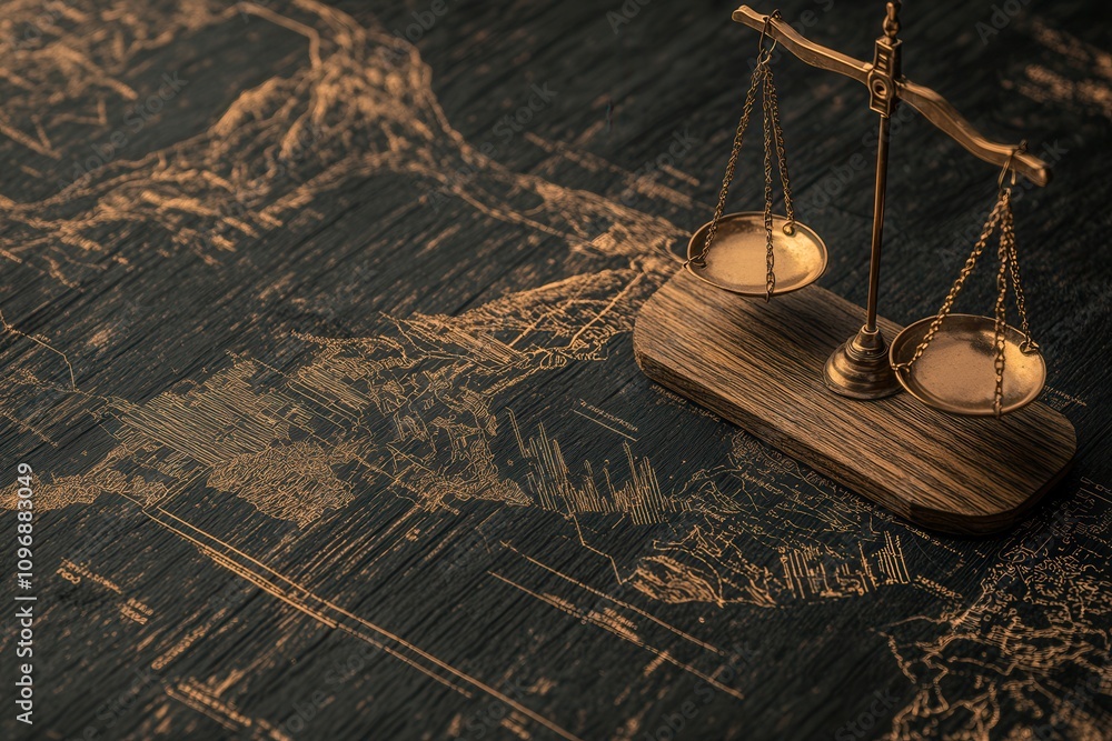 Poster a close-up of a balance scale resting on a textured surface, symbolizing justice and law.