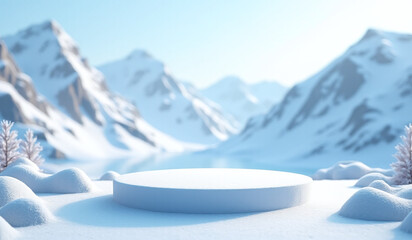 snowy podium set cold mountainous backdrop display icy scenery frozen landscape shades white blue