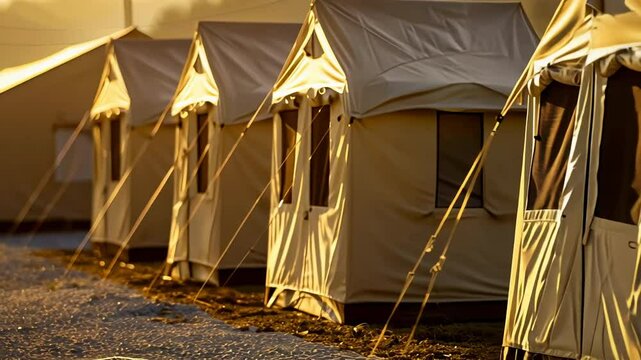 Row of sunlit canvas tents glows warmly at sunset, ideal for camping and outdoor adventures