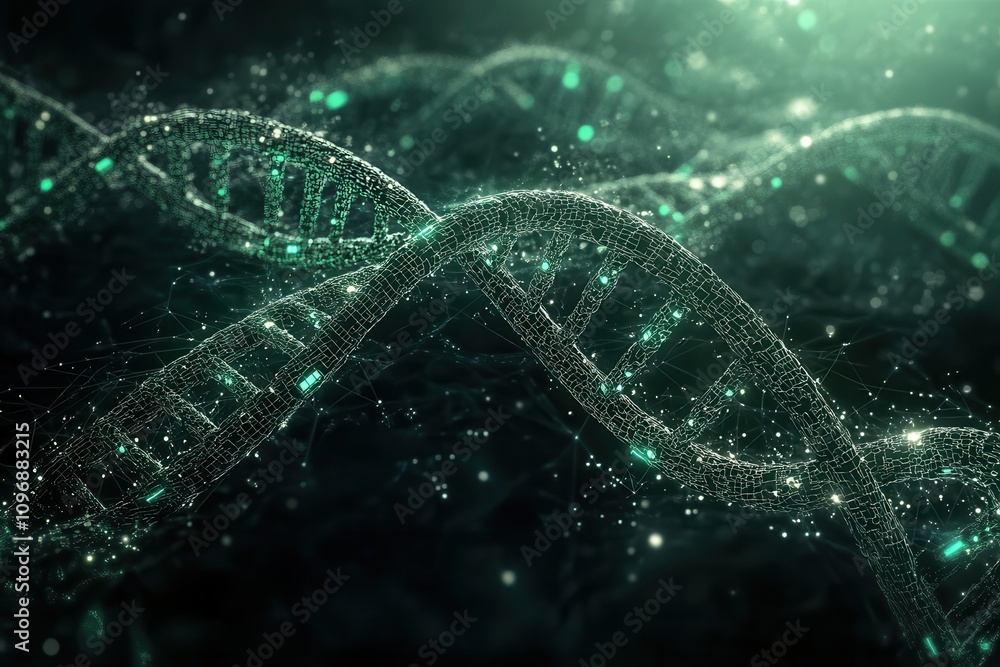 Poster a mesmerizing depiction of dna strands illuminated by a green glow, representing the complexity and 
