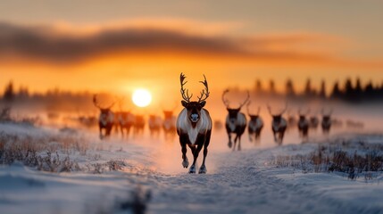 A powerful image of a lead reindeer charging forward, displaying its magnificent antlers and inspiring a sense of strength and determination amidst a snowy backdrop.