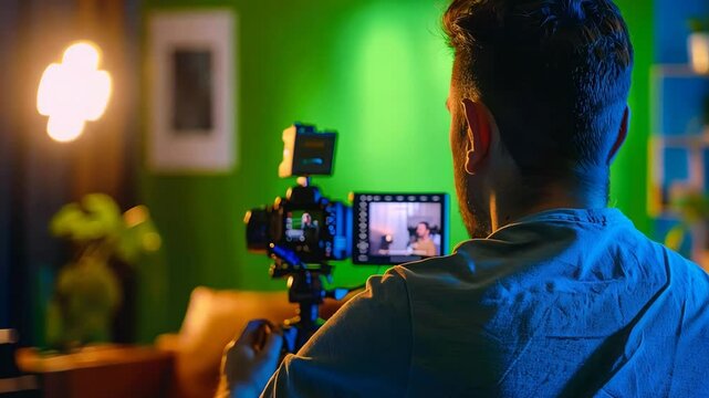 A man with a camera films in a creative studio setting, related to filmmaking and content creation