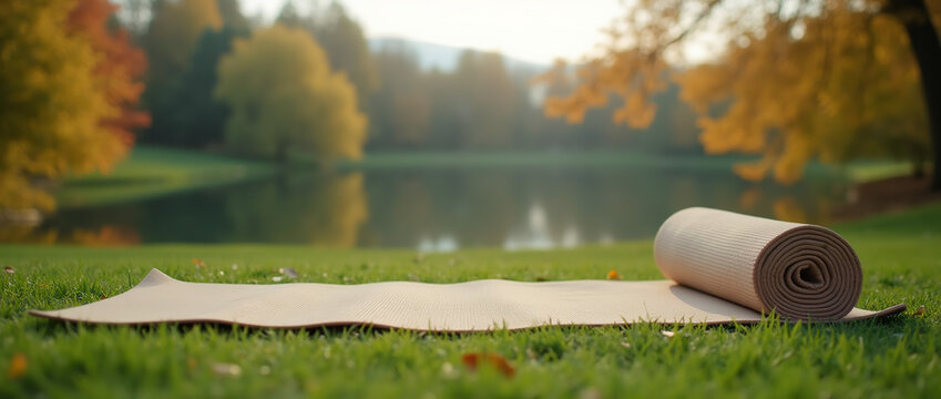 Tapete e rolo bege de yoga  medita&ccedil;&atilde;o ao ar livre em frente a um lago