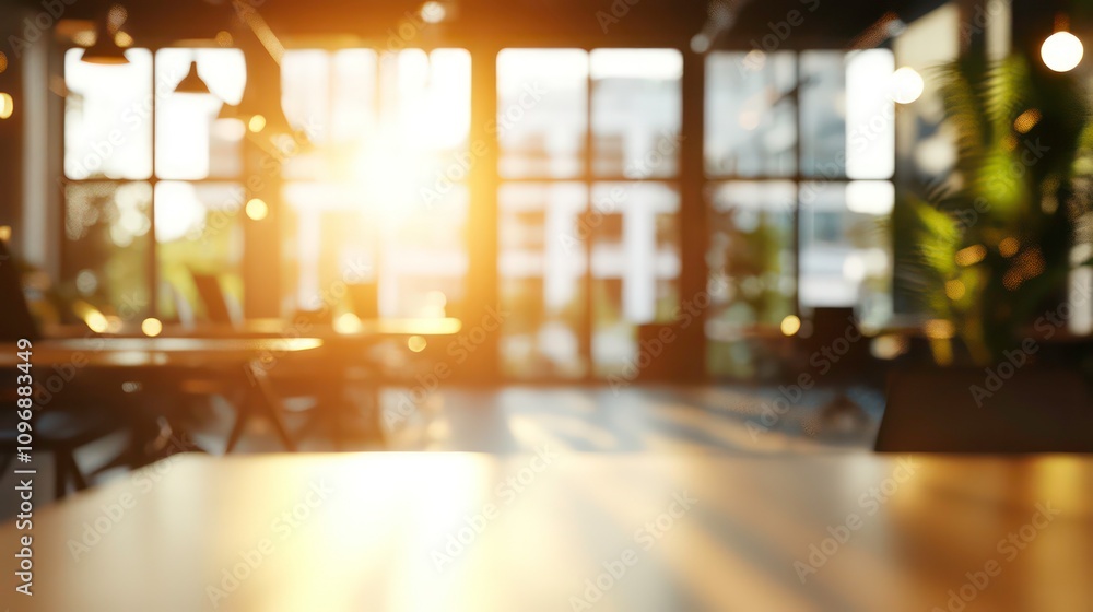 Poster blurred view of a modern cafe interior with a table in the foreground and sunlight streaming through