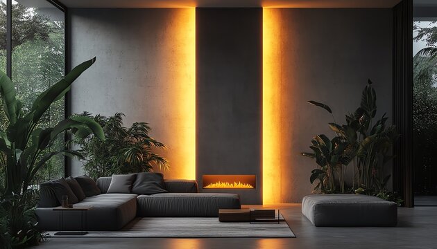 Modern living room with a tall illuminated panel, concrete walls, minimalist sofa, lush indoor plants, soft evening lighting, calm ambiance