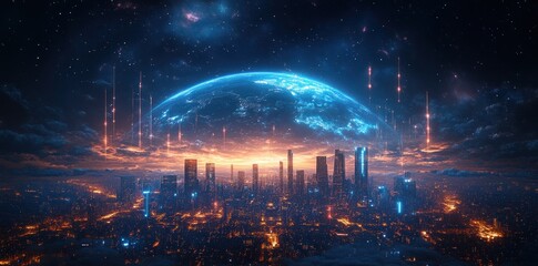 Futuristic Cityscape Beneath A Glowing Earth And Starry Sky