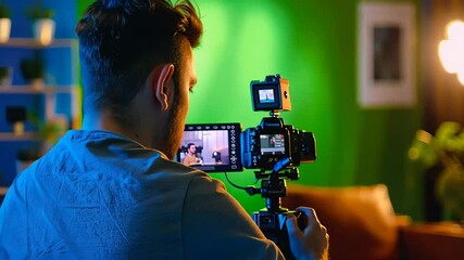 A male videographer captures a scene with a professional camera in a vibrant studio, representing content creation and filmmaking