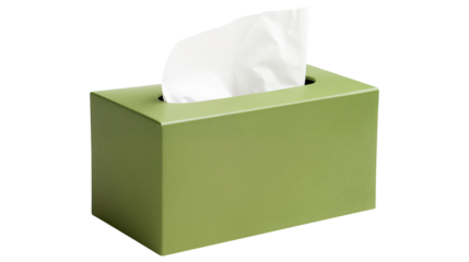 A green tissue box with white tissue paper isolated on transparent white background, clipping path