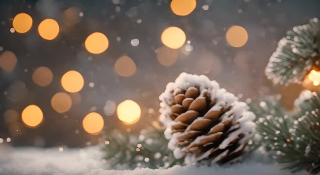 Christmas Scene Close up of frosted pinecone among snow blank covered pine branches with warm glowing holiday lights softly illuminating creating a cozy atmosphere Video made using 4K