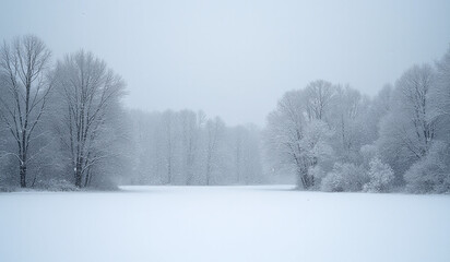 white snowflakes gently fall serene winter landscape backdrop frosted trees complete silence